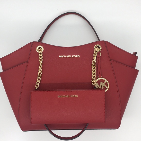 Michael Kors Handbags - Michael Kors LG CHAIN SHLDR TOTE SCARLET & Wallet